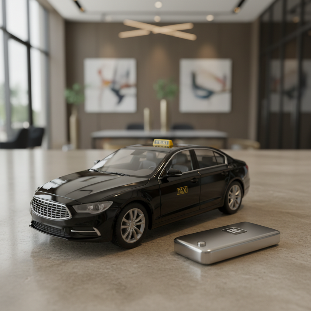 A gleaming, black-and-yellow taxi model car with glossy enamel finish, placed atop a smooth, taupe-colored stone counter with a stylish metallic key fob beside it. The background features a blurred out, architecturally structured lobby adorned with minimalist corporate decor, exuding understated elegance. Gentle, natural daylight filters in from a nearby window, casting subtle highlights across the model’s surfaces and producing soft, harmonious shadows. The mood is polished and professional, with an air of confidentiality and precision. Captured from a close-up, slightly angled perspective with shallow depth of field, the composition prioritizes the taxi and key, reinforcing the ease of booking and reliability of the service in a photographic, modern business style.