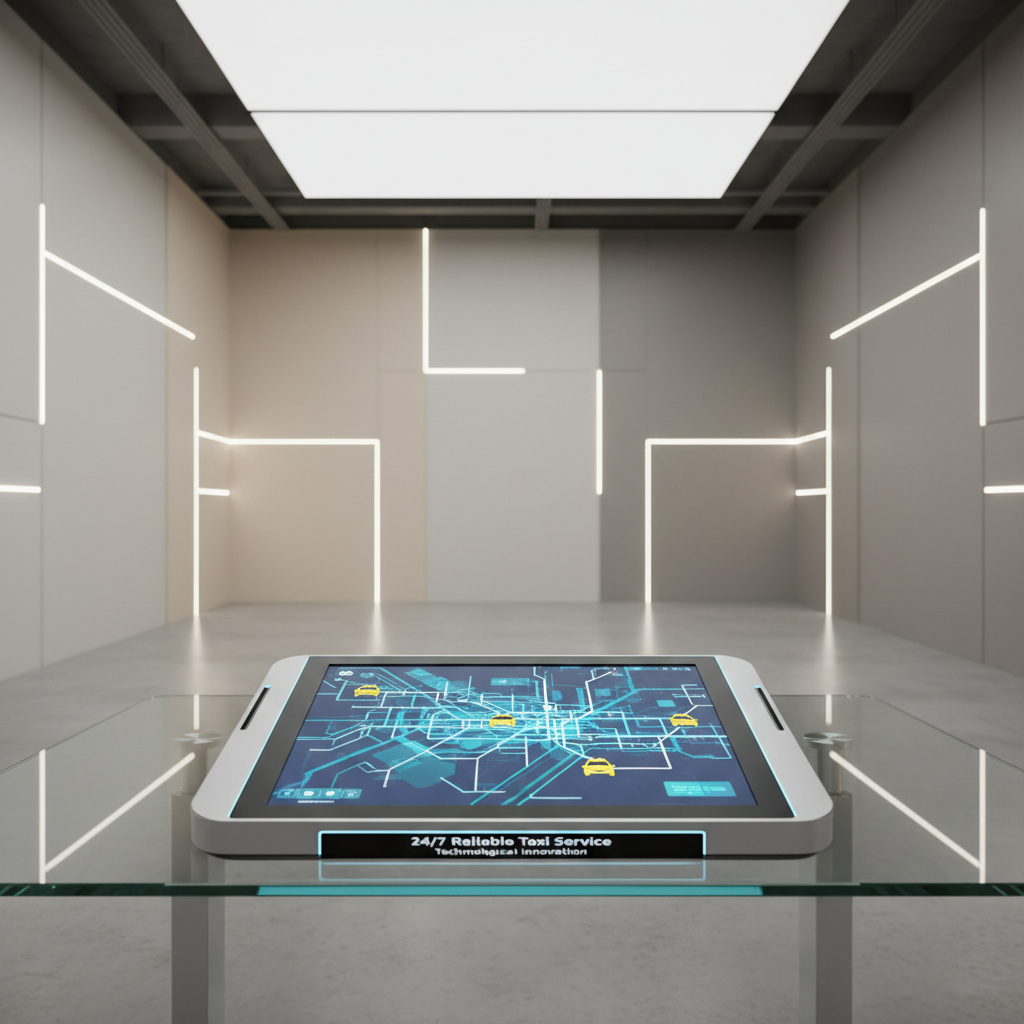 A minimalist, high-tech taxi dispatch terminal featuring an illuminated touch screen displaying a map with several taxi icons, set on a pristine glass-topped desk. The background shows a spacious, neutral-toned office with soft, even lighting and subtle geometric accents on the walls. The setting is meticulously organized, free of clutter and distractions, projecting seamless operational efficiency. Shot from an eye-level viewpoint with precise, centered composition and crisp focus throughout, the image conveys a calm, controlled atmosphere enhanced by clean lines and balanced layout. This photographic image complements the business’s commitment to 24/7 reliable taxi service and technological innovation.