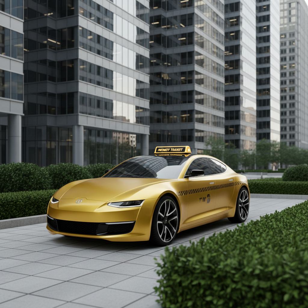 A modern yellow taxi with sleek, aerodynamic design and a luminous, polished metallic finish, adorned with refined black checkerboard stripes on the doors and a distinguished roof-mounted LED sign. The taxi is positioned at the entrance of an upscale, glass-fronted business district, with clean pavement and neatly trimmed hedges in the foreground. Neutral-toned, diffused daylight bathes the scene, highlighting the taxi’s contours and reflecting softly off the surrounding architecture. The atmosphere is reliable and professional, exuding trustworthiness and efficiency. Captured from a slightly elevated, three-quarter view, the composition emphasizes balance and corporate order, with every detail sharply in focus. The image embodies photographic realism and a structured, clean business aesthetic, perfectly aligned with the brand’s non-stop service identity.